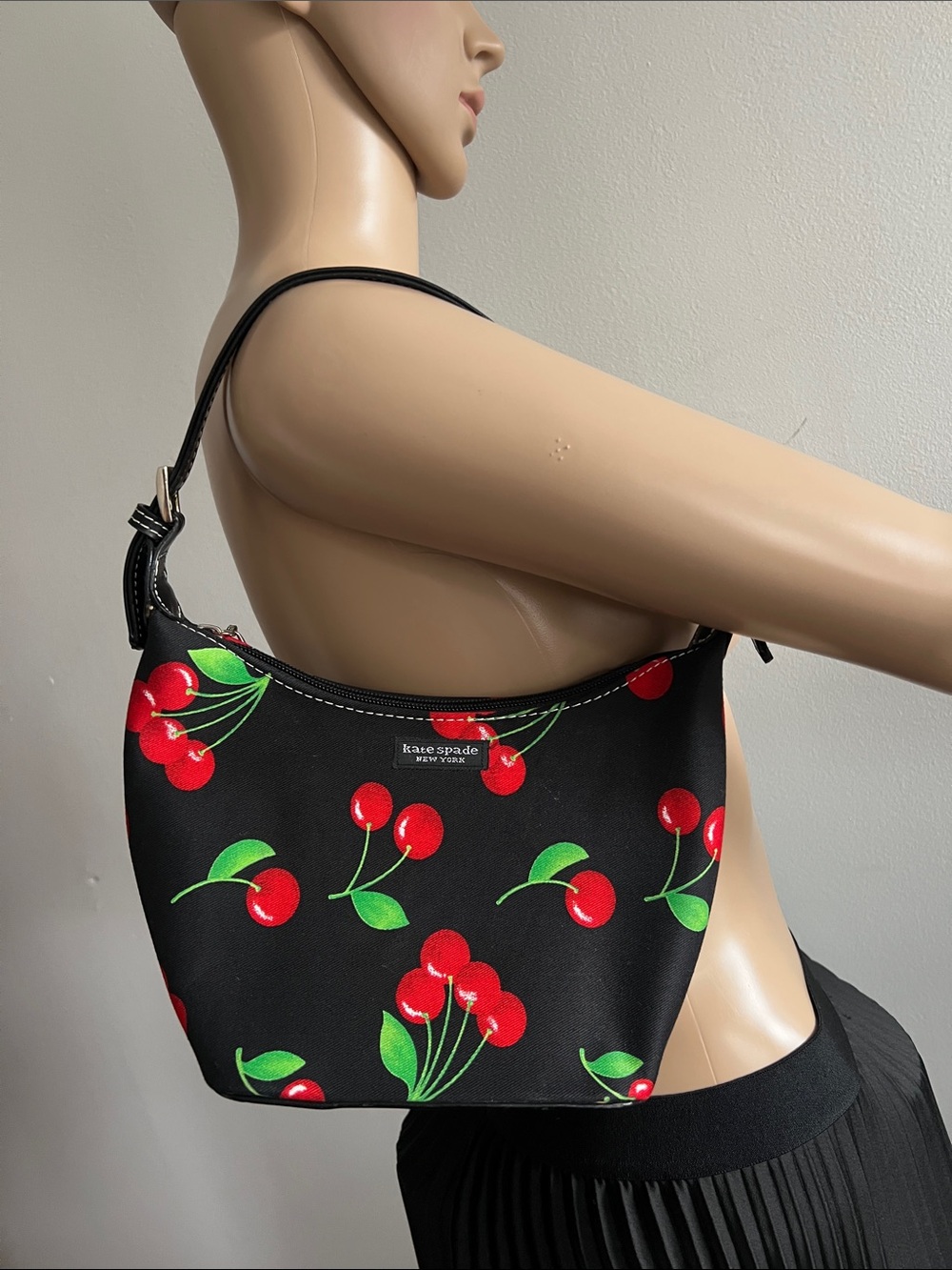 Vintage Kate Spade Cherry Print Mini Shoulder Hand Bag Black Red - Picture 4 of 15